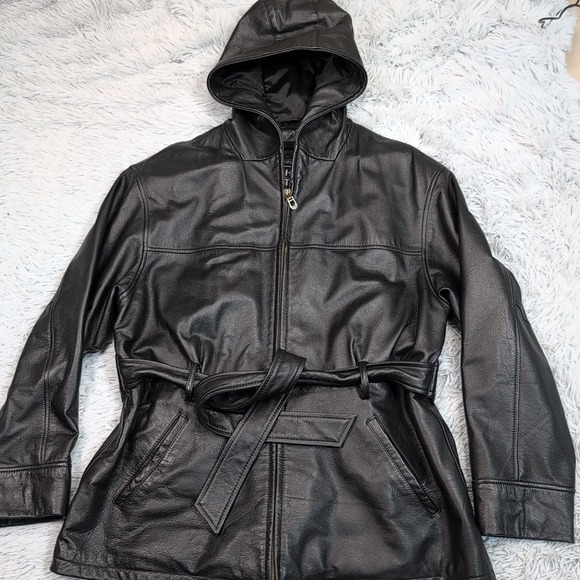 Leather Limited Jacket Womens L Black Leather Hood‎ Removable Liner Belted Zip - Picture 1 of 14